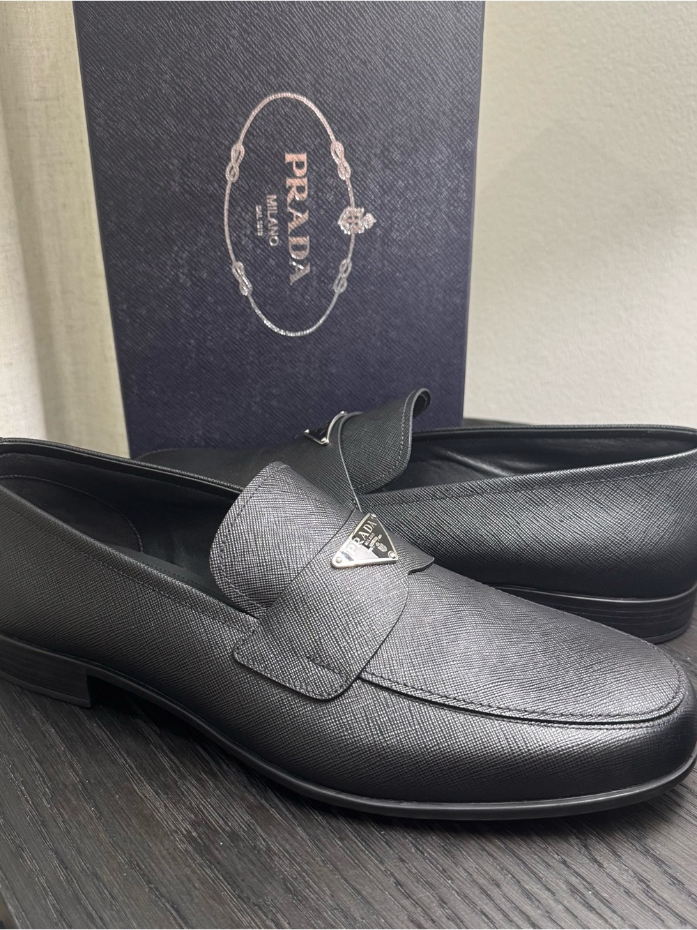 Prada Saffiano Triangle Logo Leather Dress Shoe Loafers 13 - Picture 4 of 9